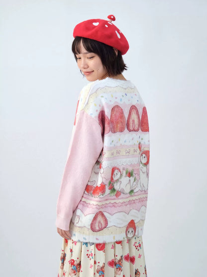 MeowMeow Bug - Strawberry Cake Cat Print Knit Cardigan cardigan MeowMeow Bug