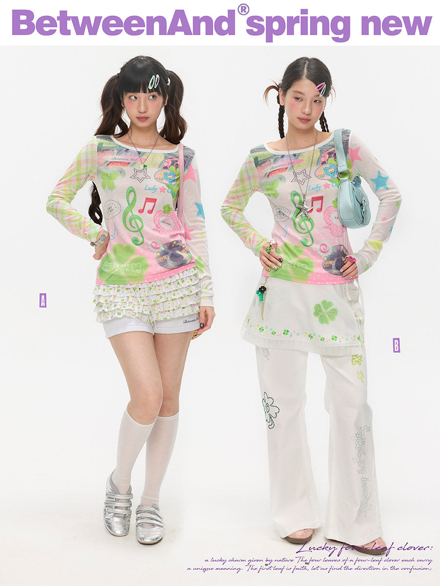 BETWEENAND - Lucky Note Print Long Sleeve Top shirt BETWEENAND