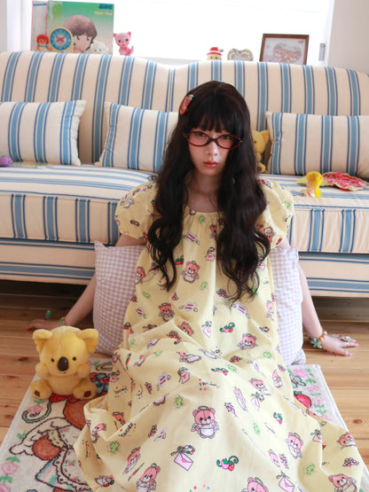 KaiXin Hostel - Bear Print Puff Sleeve Dress dress KaiXin hostel