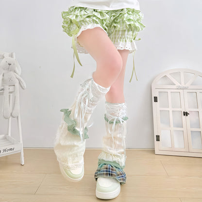 2 Bears - Green Bow Ruffle Leg Warmers Y2K Knee Socks leg warmmers 2 bears