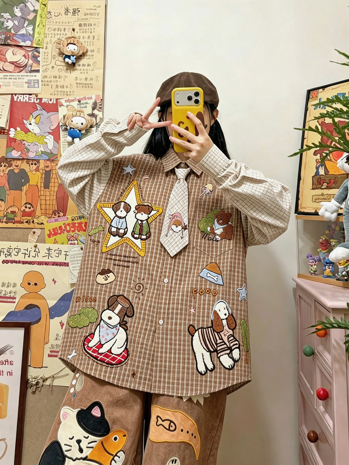 BIBULU - Vintage Plaid Cartoon Embroidered Shirt shirt BIBULU