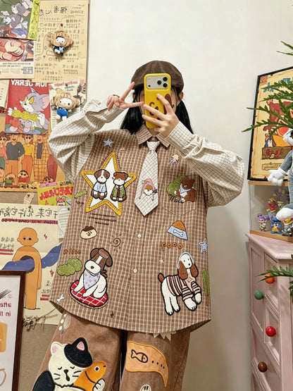 BIBULU - Vintage Plaid Cartoon Embroidered Shirt shirt BIBULU