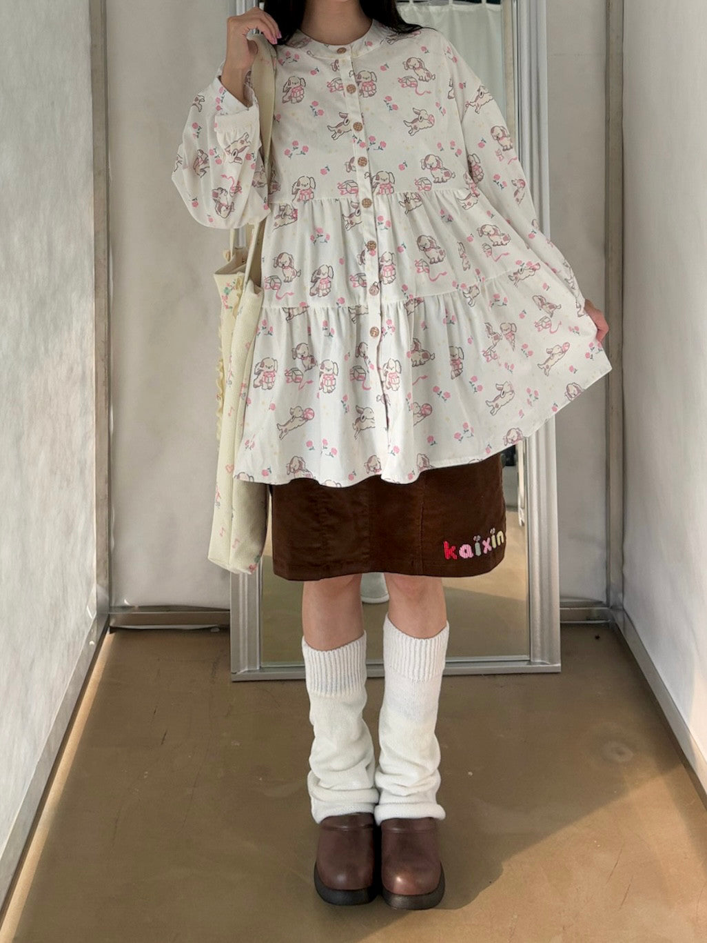 开心招待所秋冬新款原创小狗印花灯芯绒宽松长袖衬衫上衣 shirt KaiXin hostel