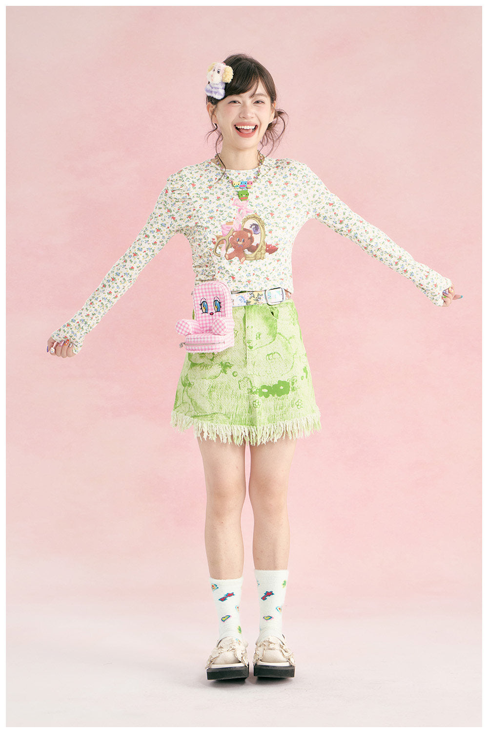 tntntutu - Beige Teddy Floral Ruched Long Sleeve Top shirt tntntutu