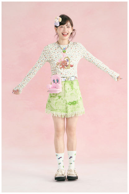 tntntutu - Beige Teddy Floral Ruched Long Sleeve Top shirt tntntutu