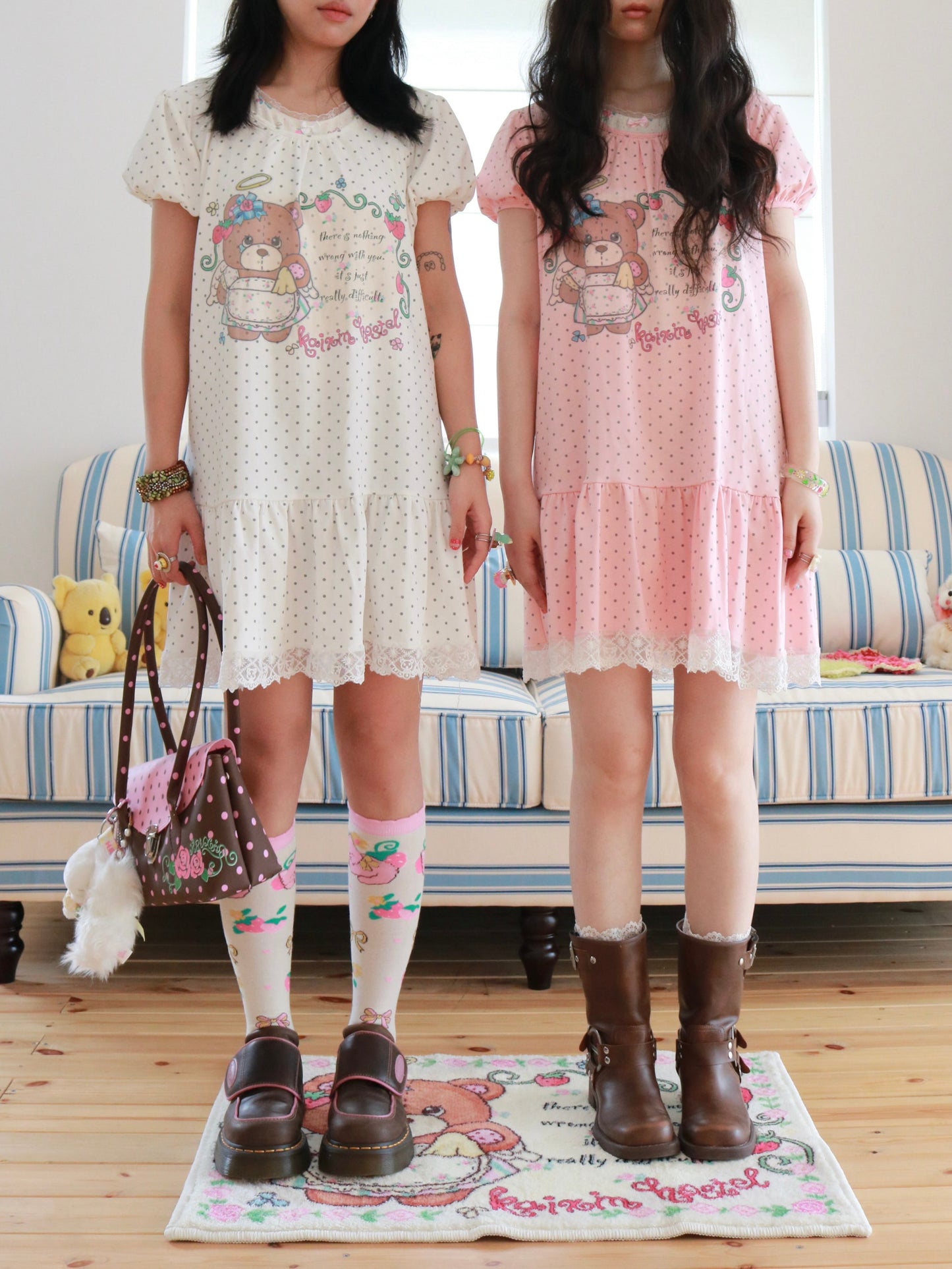 KaiXin Hostel - Bear Strawberry Lace T-Shirt Dress dress KaiXin hostel