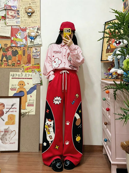 BIBULU - Red Cat Embroidered Wide-Leg Pants pants BIBULU