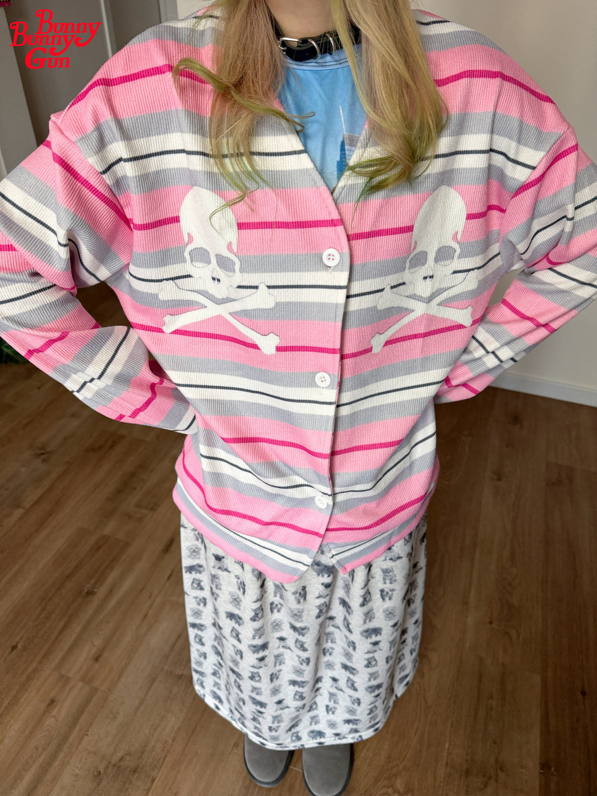 bunnybunnygun - Pink Stripe Skull V-Neck Cardigan cardigan bunnybunnygun