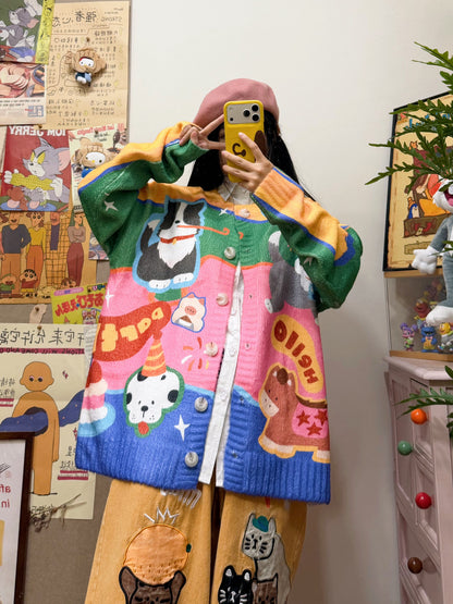BIBULU - Colorful Cartoon Print Oversized Cardigan Sweater cardigan BIBULU