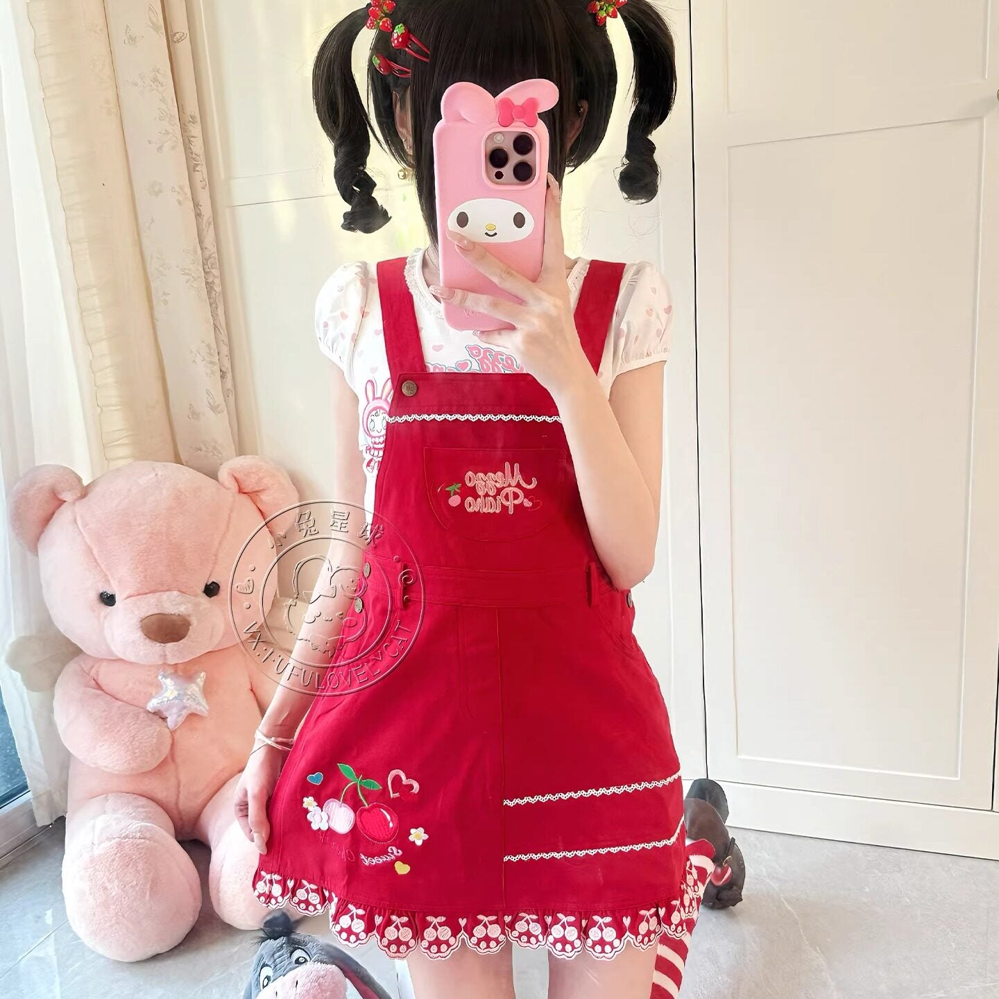 Bunny Planet - Jojifuku Cherry Red Embroidered Pinafore Dress dress bunnyplanet