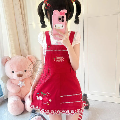 Bunny Planet - Jojifuku Cherry Red Embroidered Pinafore Dress dress bunnyplanet