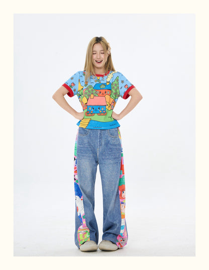 Robootoo - Blue Cartoon Town Print T-Shirt tshirt Robootoo