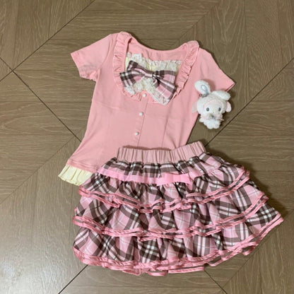 Blurred Bear - Lace Top Plaid Skirt Set set Blurred Bear