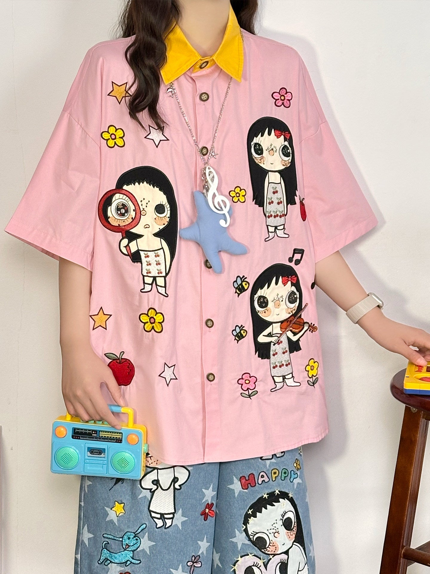 Pink Cartoon Embroidered Shirt shirt soldout