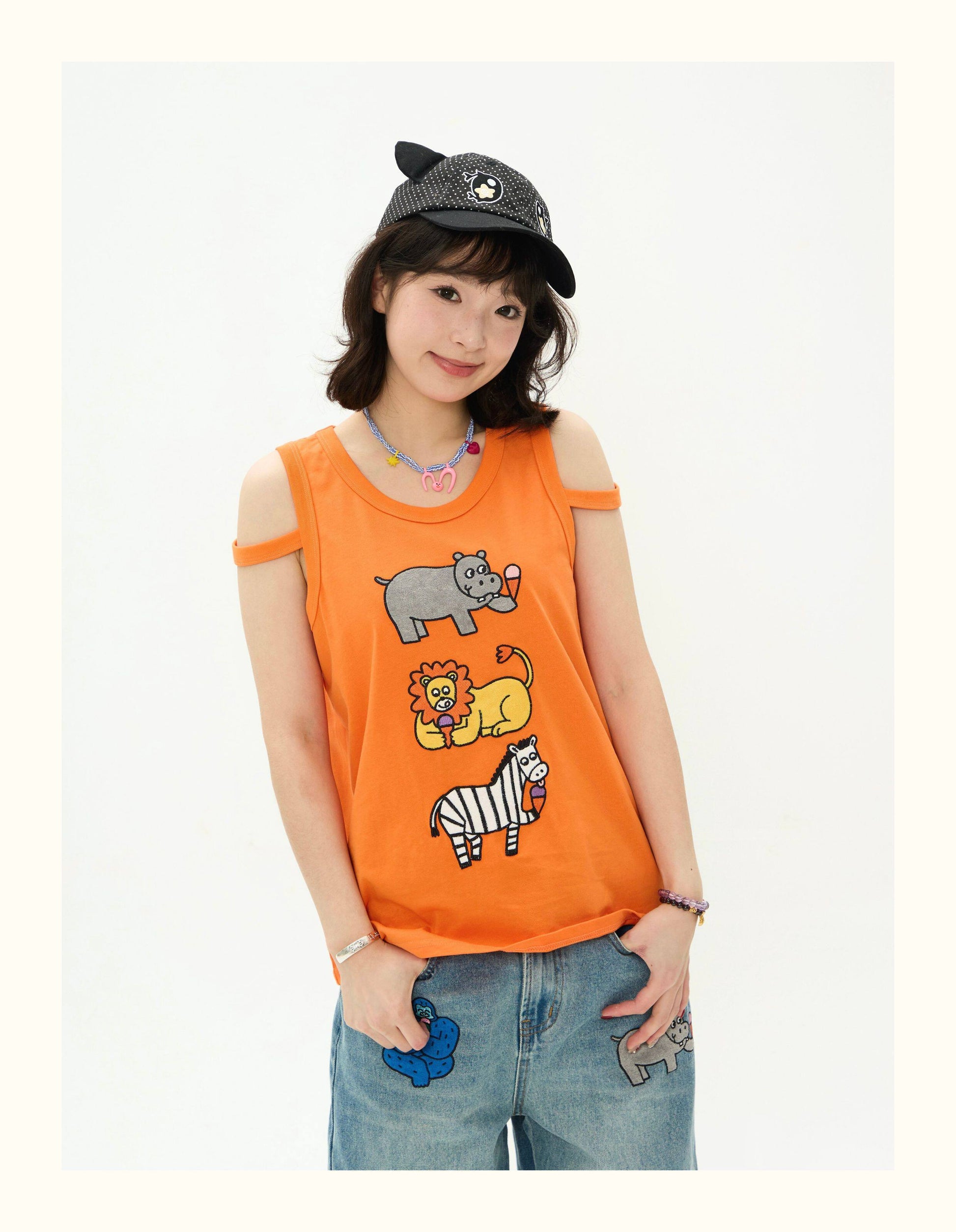 Robootoo - Orange Cartoon Embroidered Sleeveless Top tee Robootoo