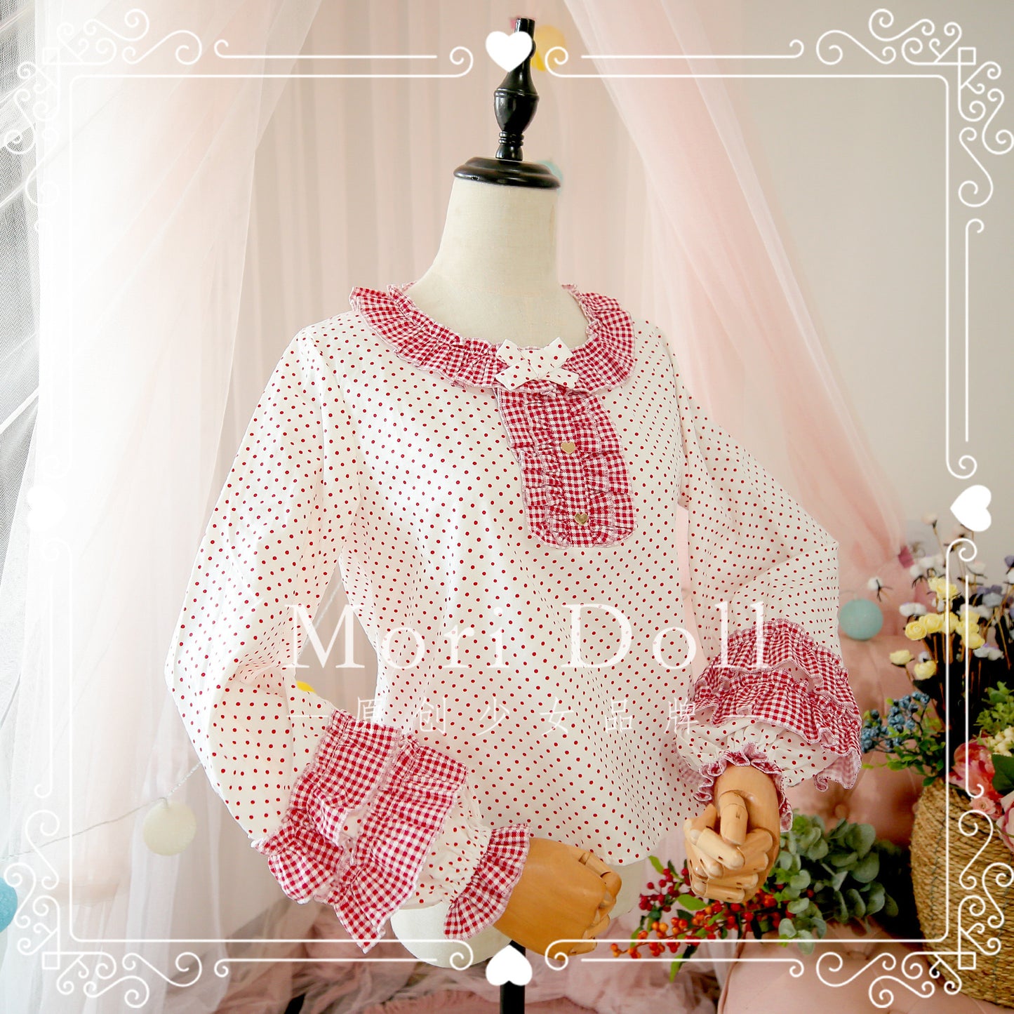 Mori Doll - Polka Dot Balloon Sleeve Cotton Blouse shirt Mori Doll Red S
