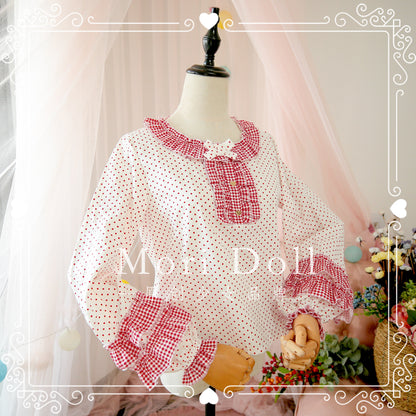 Mori Doll - Polka Dot Balloon Sleeve Cotton Blouse shirt Mori Doll Red S