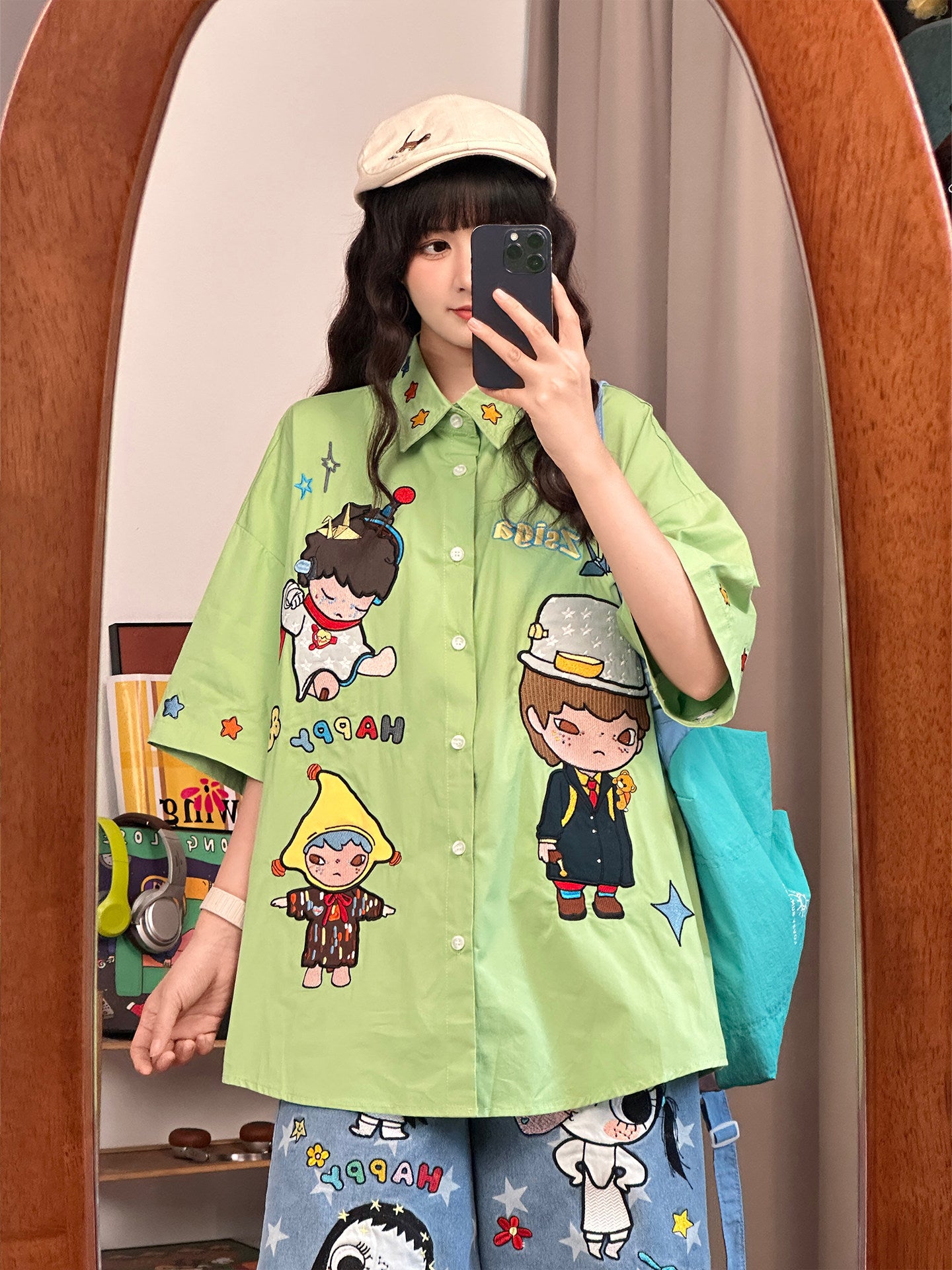Green Cartoon Embroidered Shirt shirt soldout