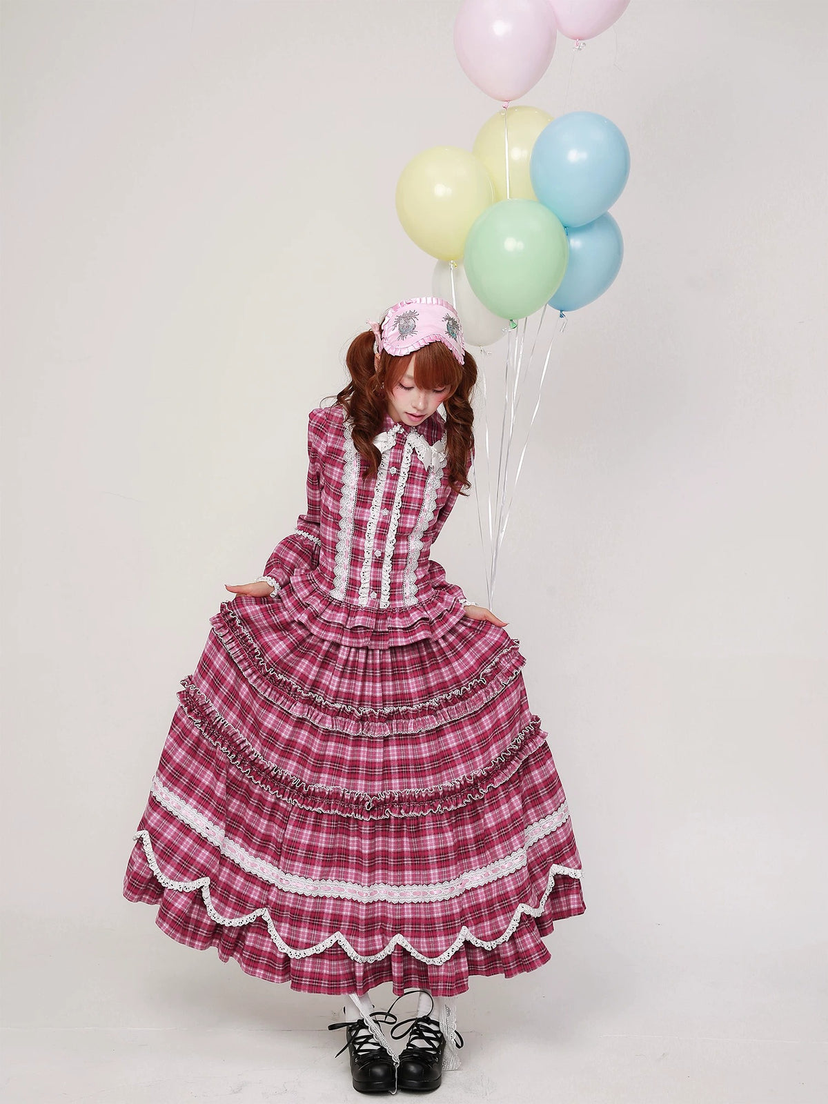 SOS MEME CLUB - Pink Plaid Showa Retro Midi Skirt skirt SOS MEME CLUB