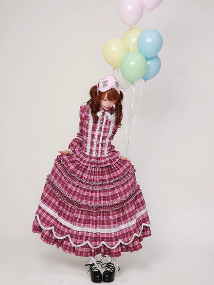 SOS MEME CLUB - Pink Plaid Showa Retro Midi Skirt skirt SOS MEME CLUB
