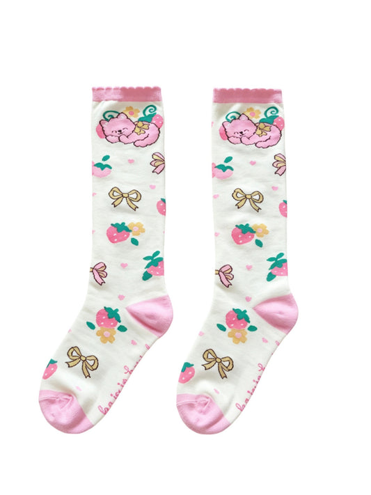 KaiXin Hostel - Strawberry Cat Print Crew Socks sock KaiXin hostel
