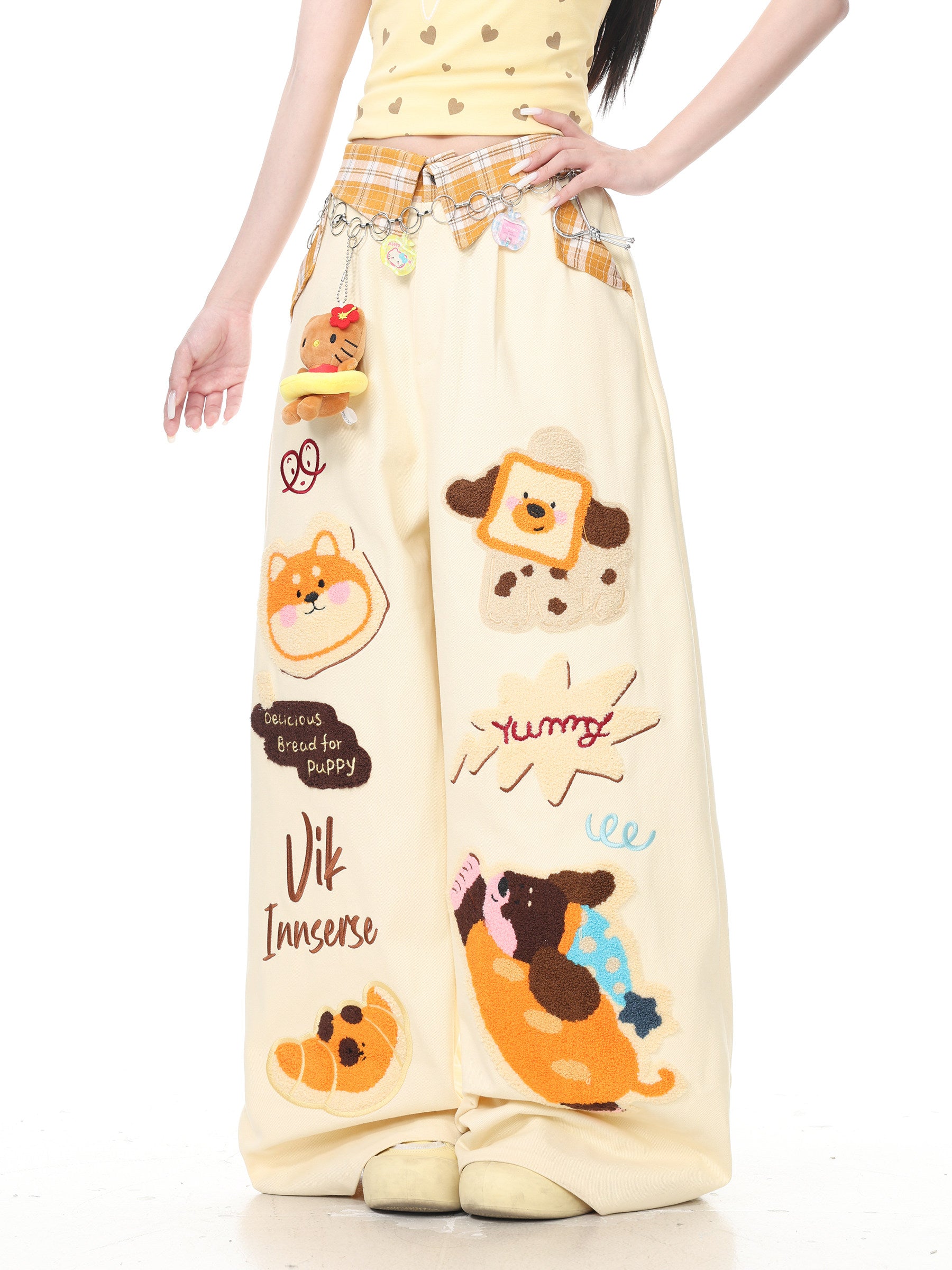 Languid Park - Plaid Applique Dog Wide Leg Jeans pants Languid Park