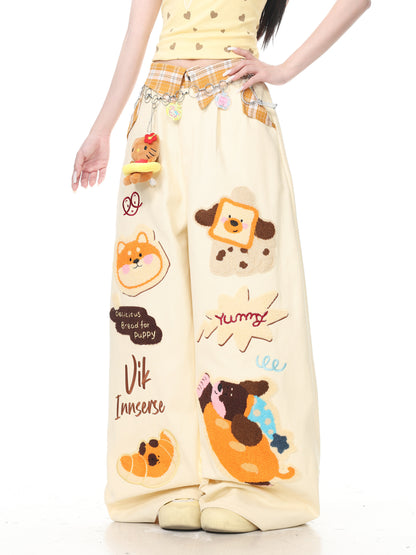 Languid Park - Plaid Applique Dog Wide Leg Jeans pants Languid Park