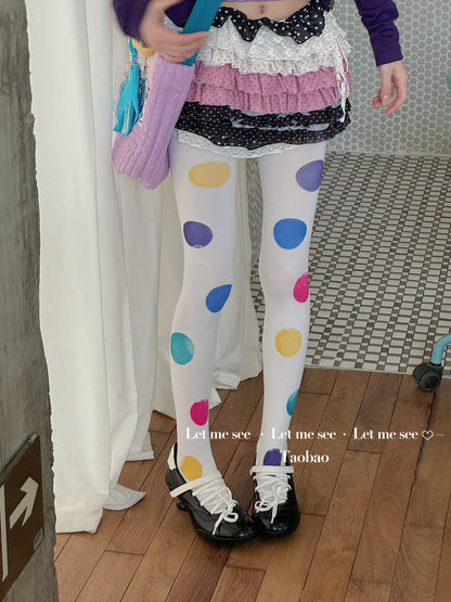 LET ME SEE - Kawaii Colorful Big Dot White Tights tights let me see