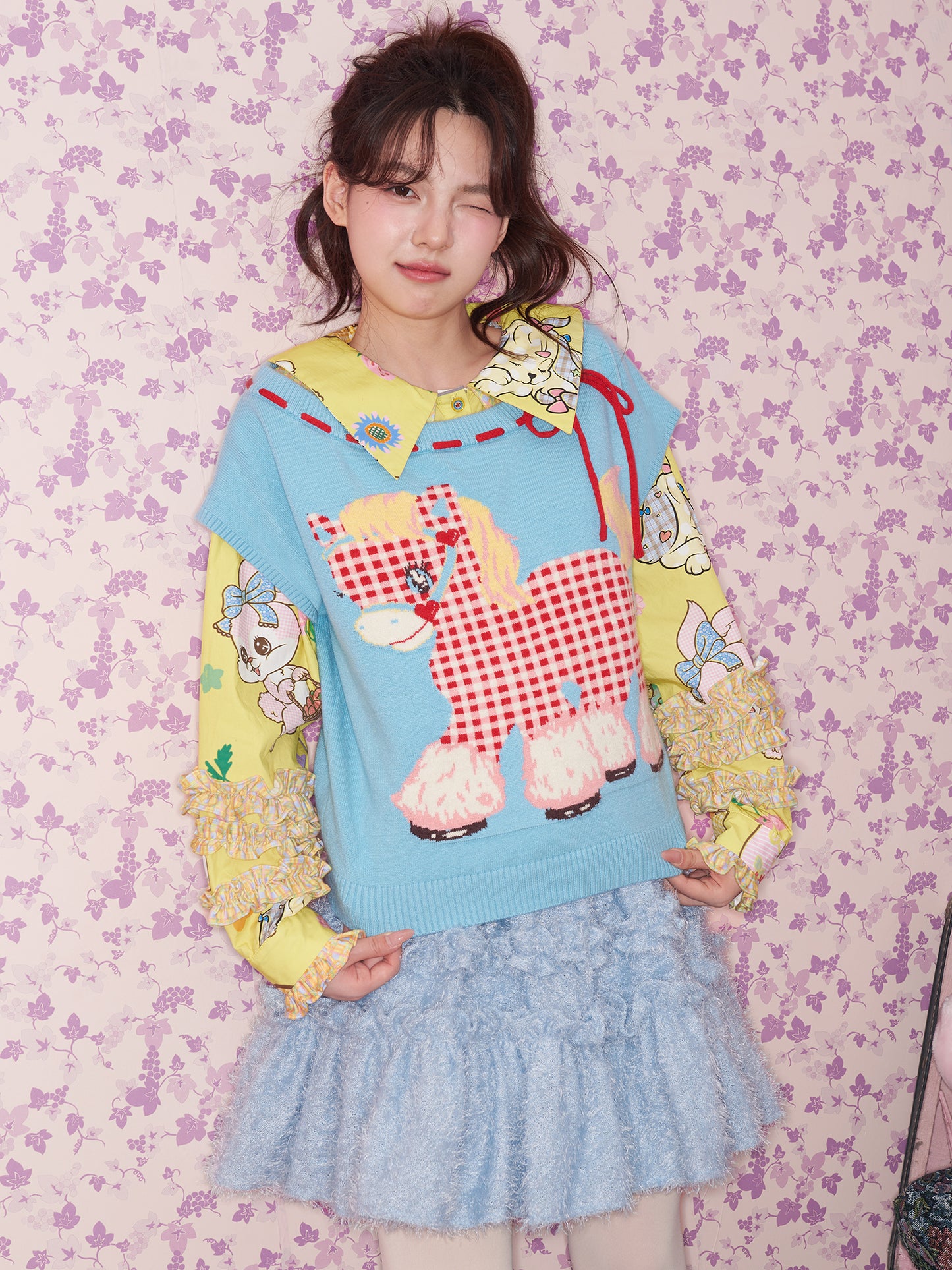 tntntutu - Kawaii Plaid Pony Knit Vest vest tntntutu