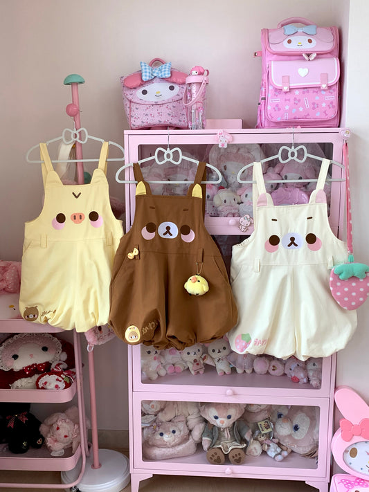 blurred bear - Bear Embroidery Short Overalls
