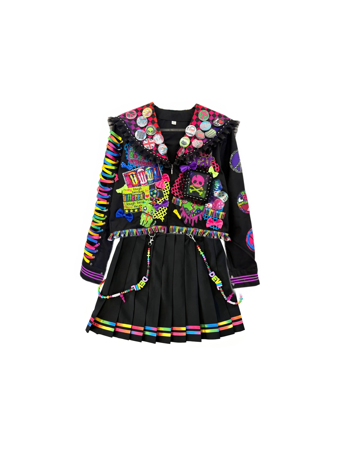 Red Devil - Neon Rainbow Patchwork Sailor Set shirt Red Devil Set(Top + Skirt) S