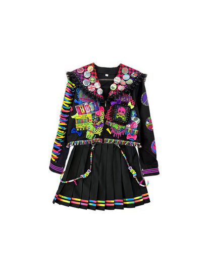 Red Devil - Neon Rainbow Patchwork Sailor Set shirt Red Devil Set(Top + Skirt) S