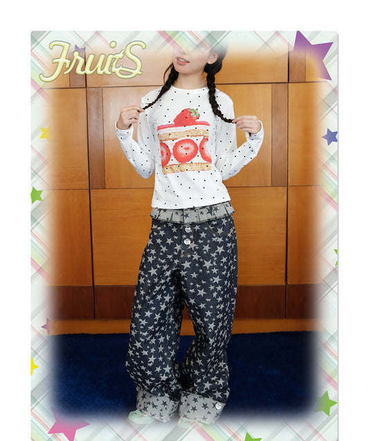 FRUITS - Kawaii Star Jacquard Denim Wide Leg Pants pants Fruits