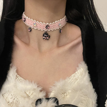 Kiwi Store - Y2K Black Cat PinkFuzzy Choker & Bracelet necklace kiwi store