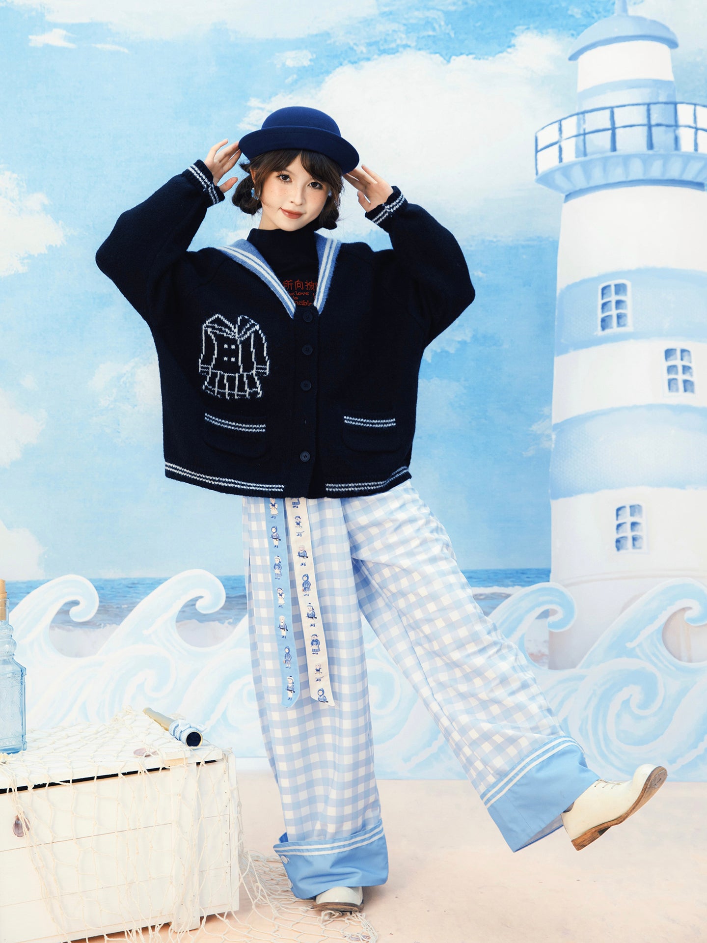 Meugler - Kawaii Wide Leg Pants Blue White Plaid Pants pants Meugler