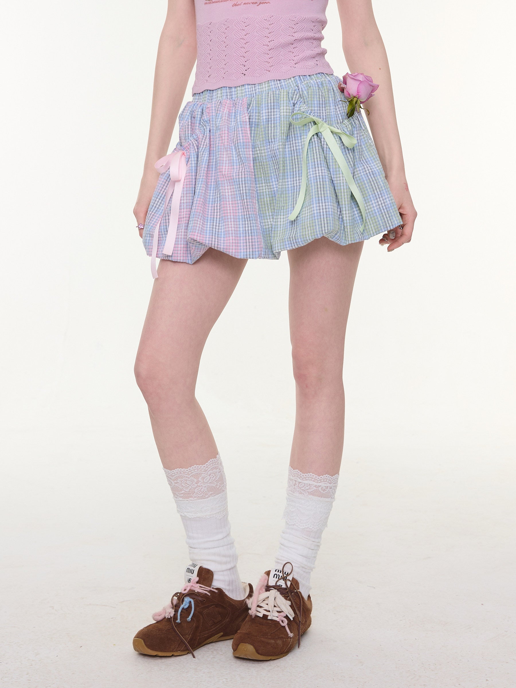ziziFei - Rainbow Plaid Bow Mini Skirt skirt ziziFei
