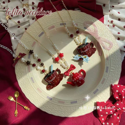Bear Doll - Burgundy Polka Dot Teapot Necklace