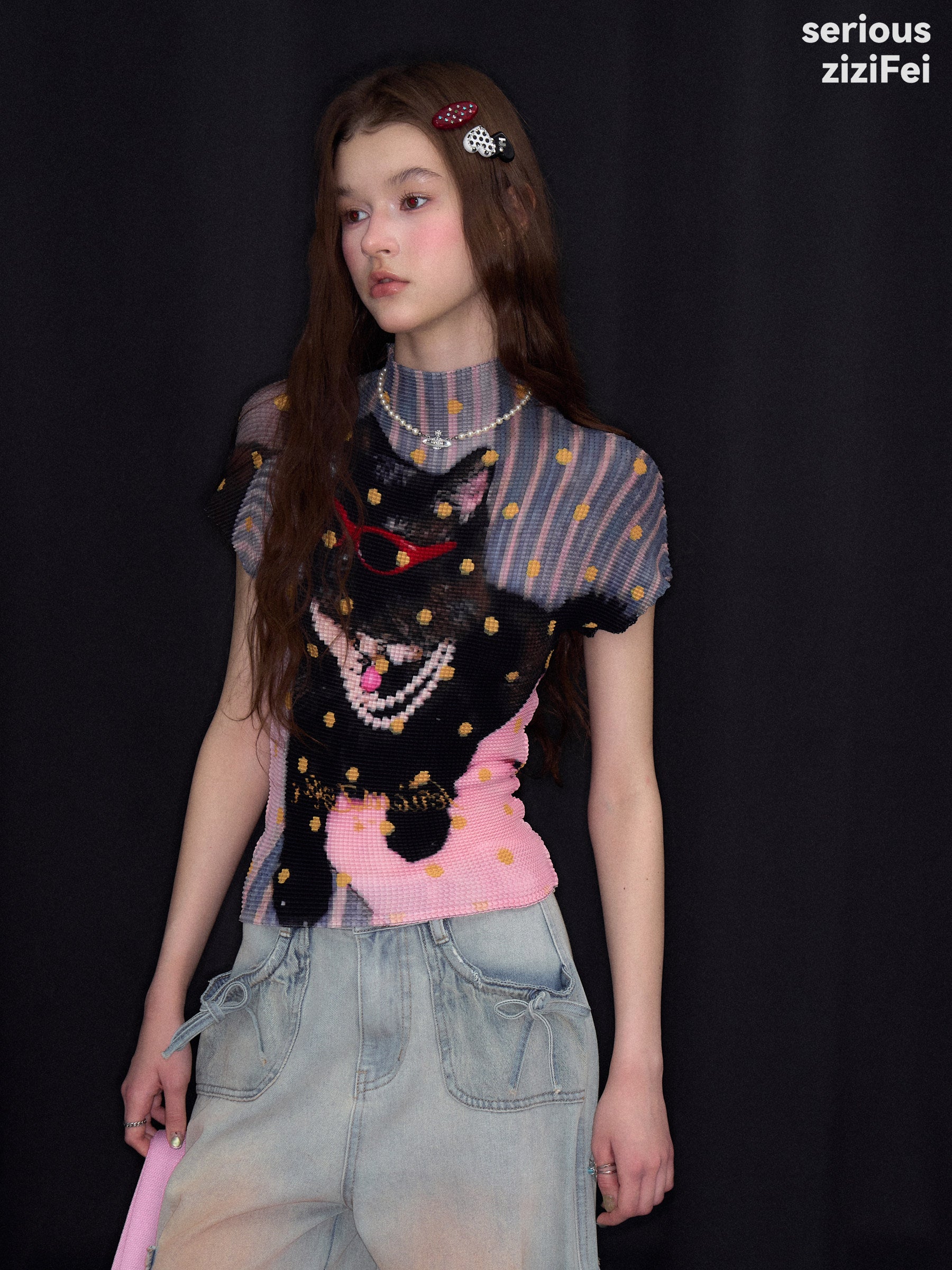 ziziFei - Polka Dot Party Cat Graphic Ruffle Tee tshirt ziziFei