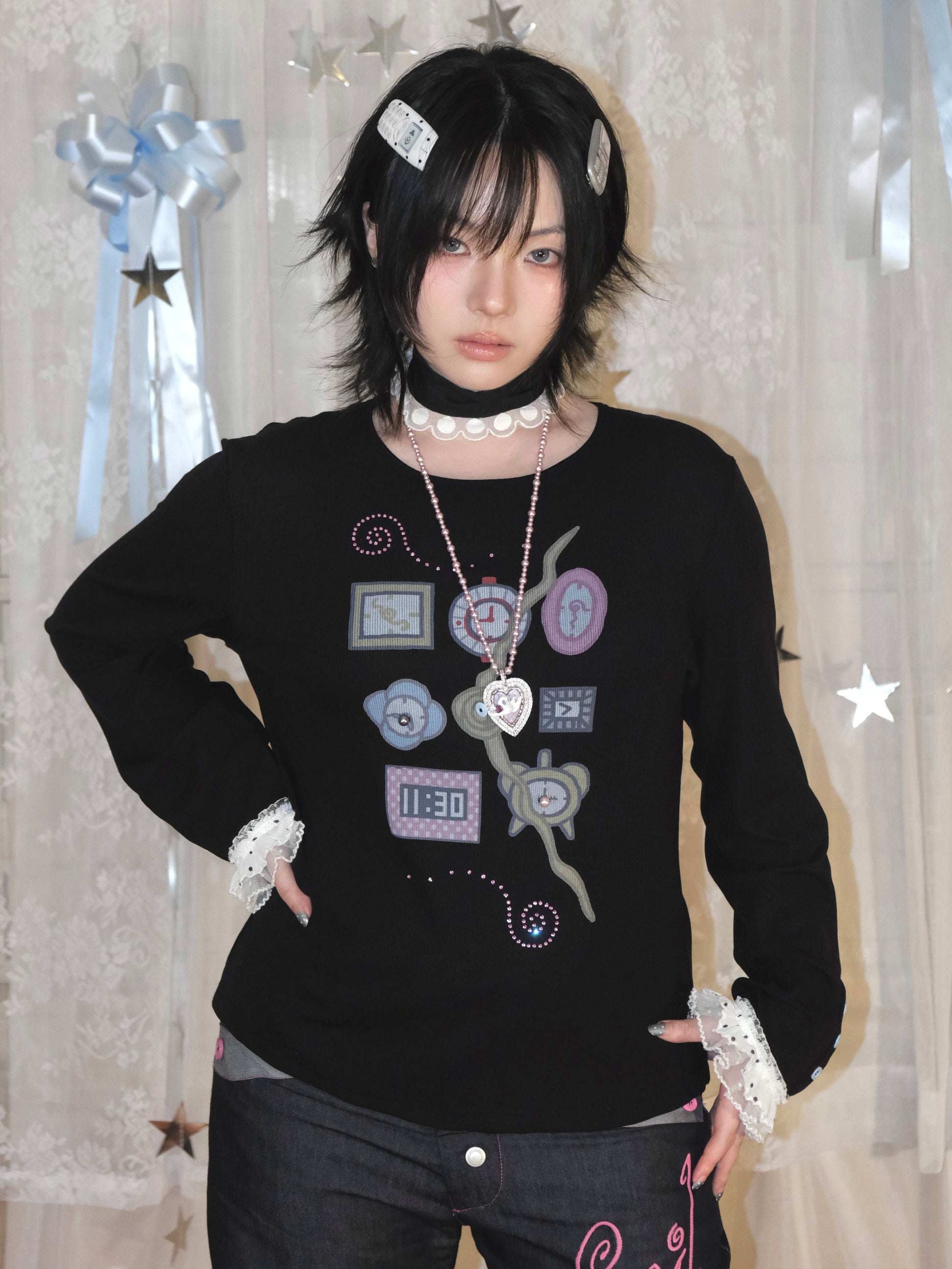 Snail Bones - Clock Print Rhinestone Lace Tee shirt Snail Bones Black M