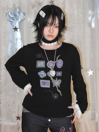 Snail Bones - Clock Print Rhinestone Lace Tee shirt Snail Bones Black M