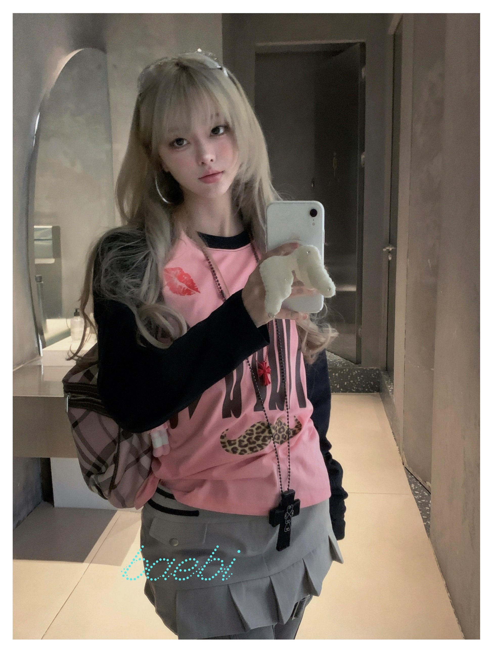 bae bi - Y2K Leopard Letter Raglan Long Sleeve T-Shirt tshirt Bae Bi