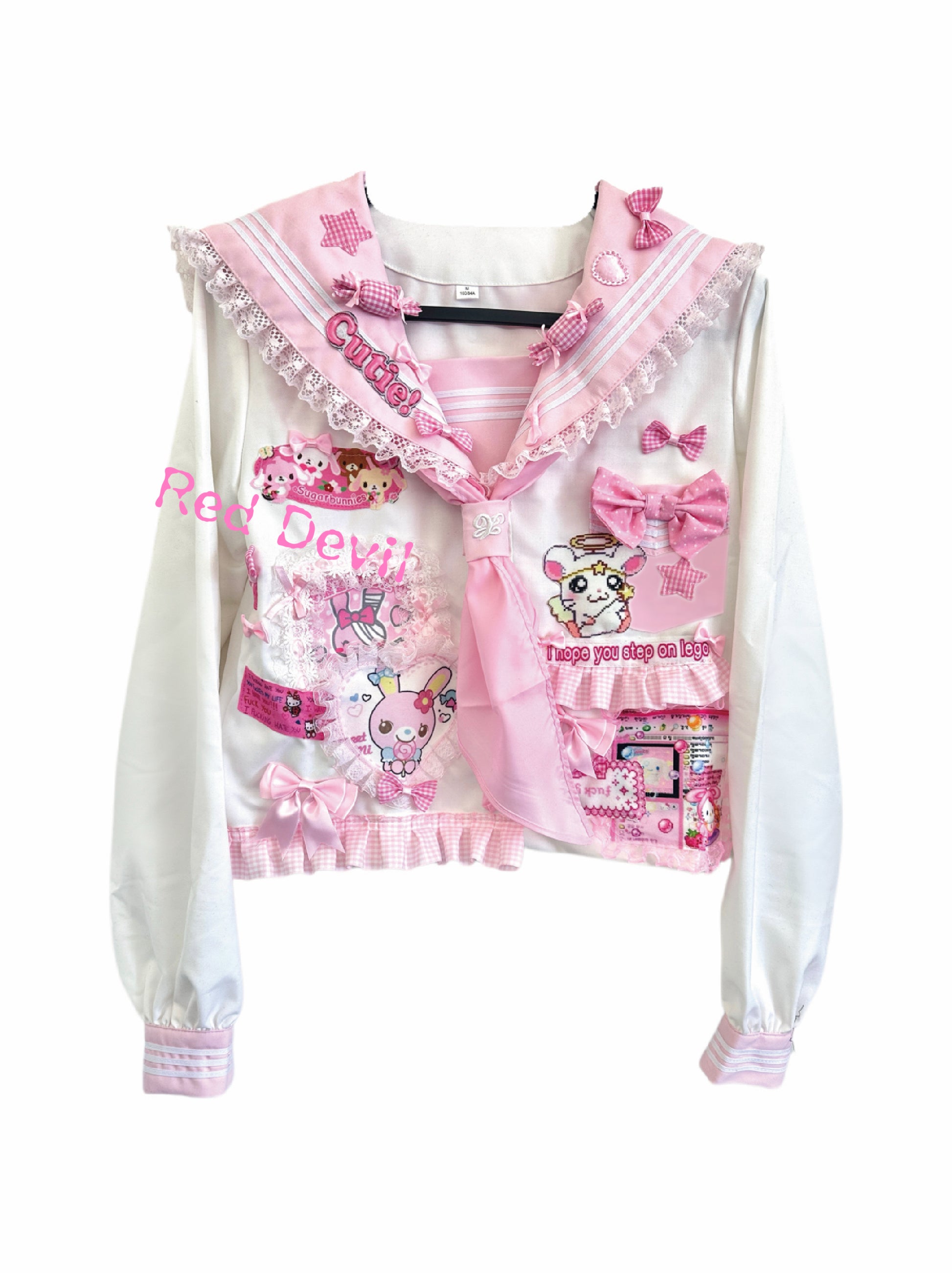 Red Devil Set Decora Kei Jacket Skirt Harajuku Lace Bow Sailor Set set Red Devil Top S