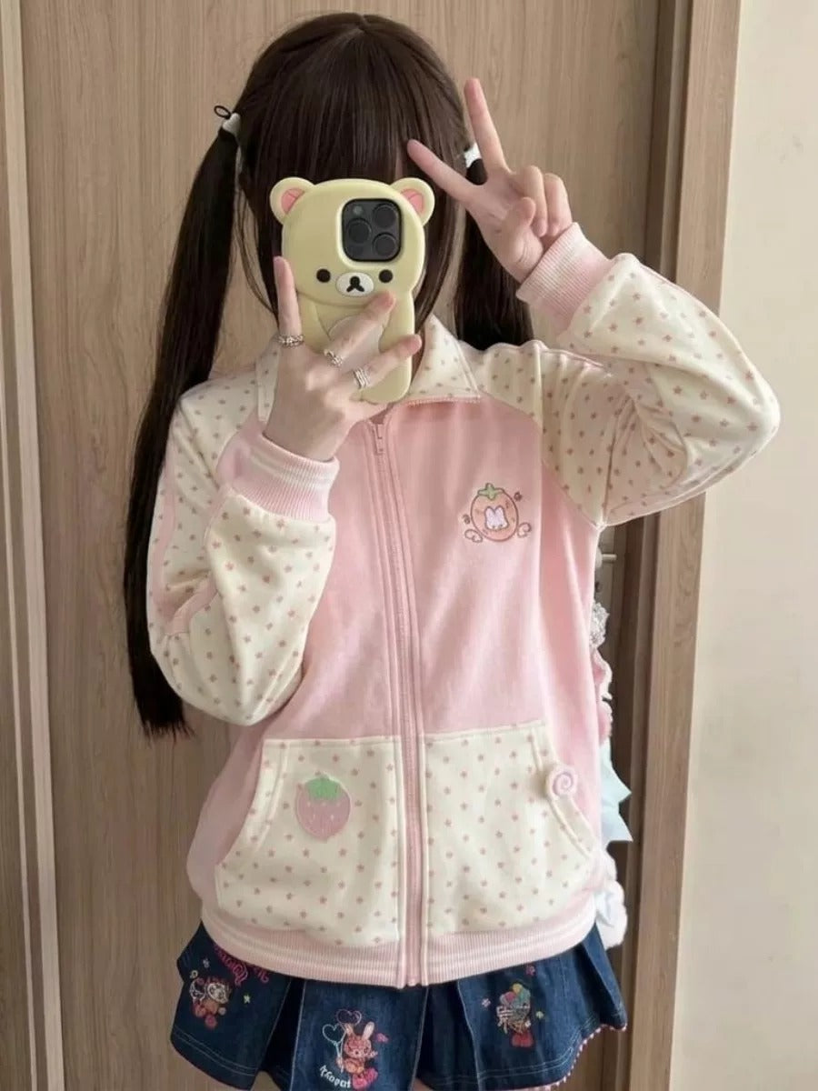 Blurred Bear - Pink Strawberry Long-Sleeve Sweatshirt/Skirt Set jacket Blurred Bear