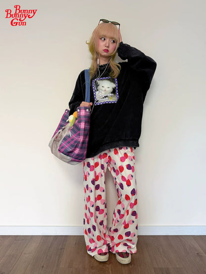 bunnybunnygun - Strawberry Print Wide-Leg Pants pants bunnybunnygun