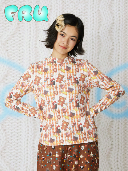 frufru - Kawaii Cookie Print Waffle Tee Long Sleeve Cotton Base Layer shirt frufru