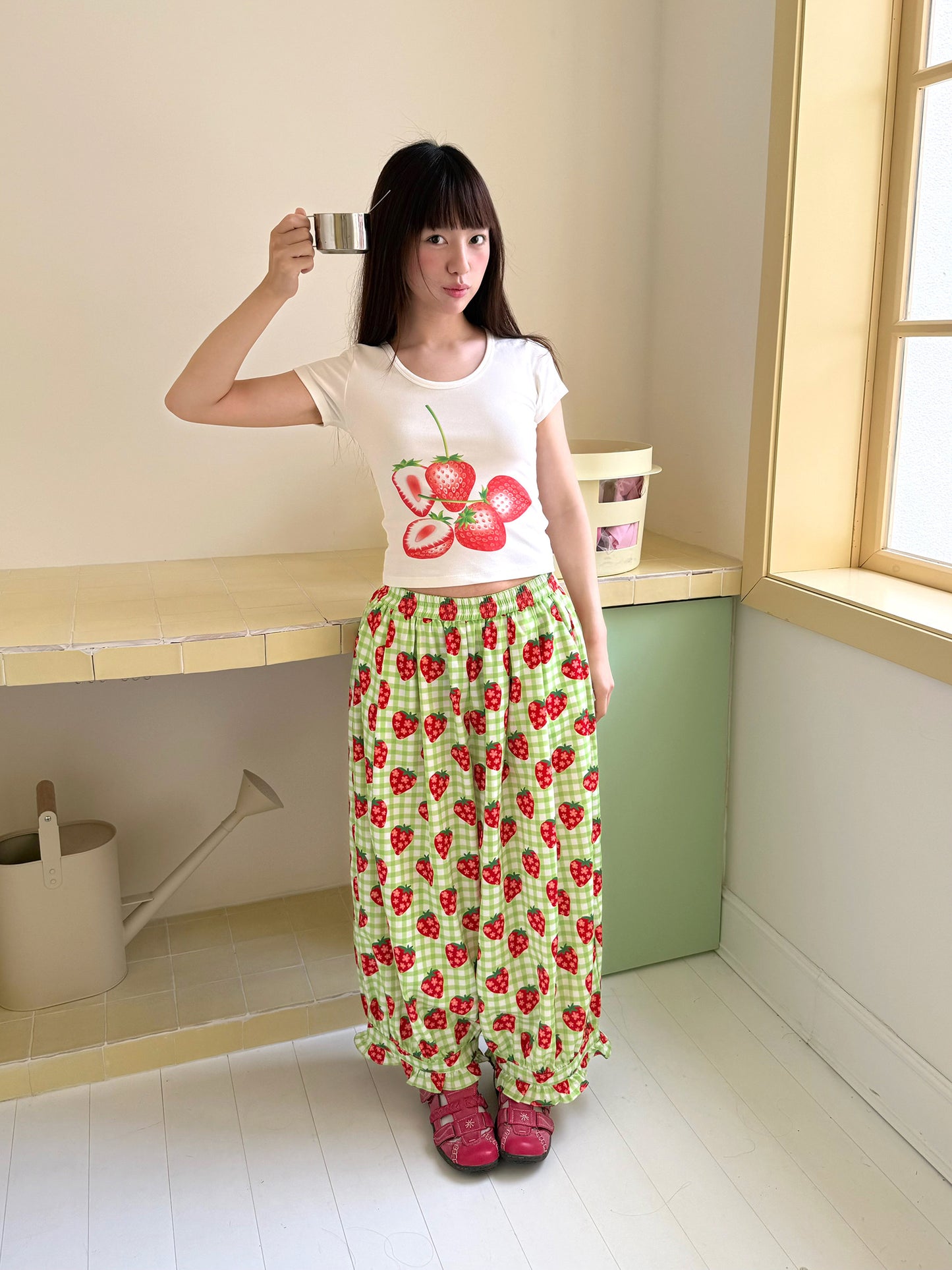 FRUITS - Strawberry Plaid Wide Leg Pants | Kawaii Japanese Streetwear Trousers pants Fruits