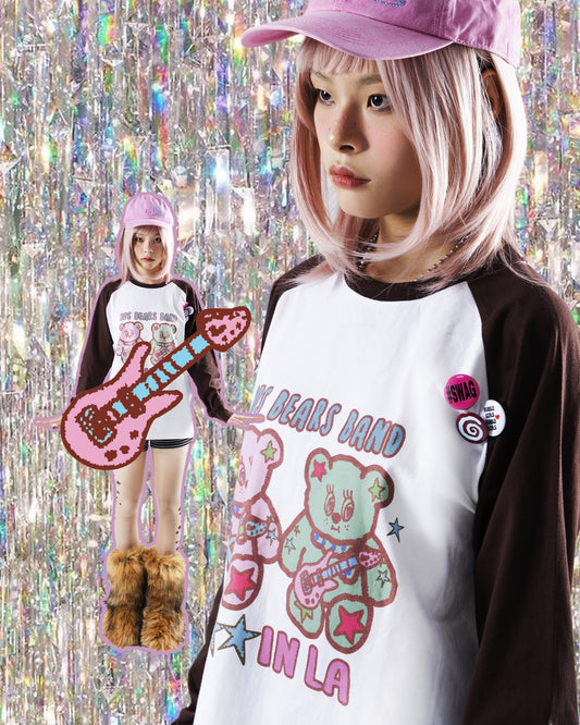 Oogreenapple - Bear Graphic Raglan Long Sleeve Tee shirt Oogreenapple
