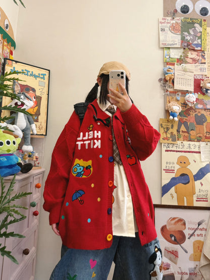 BIBULU - Kidcore Embroidered Red Knit Cardigan cardigan BIBULU