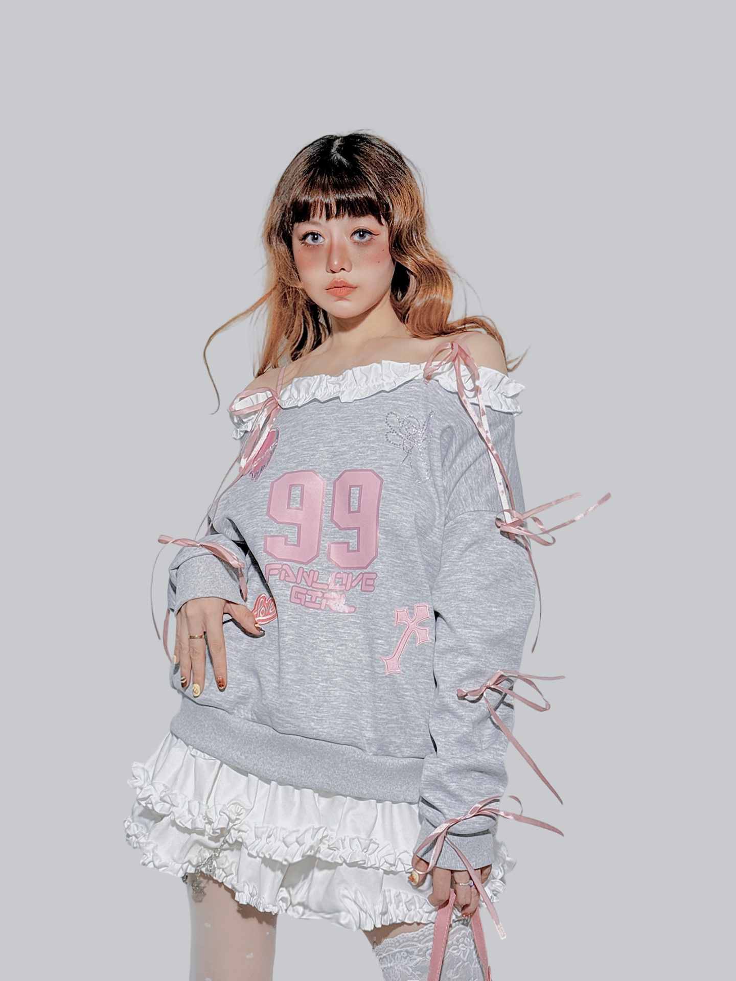 FANLOVEGIRL - Grey/White Off-Shoulder Lace Sweatshirt shirt FANLOVEGIRL Grey S