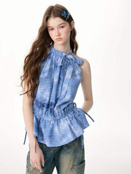 ziziFei - Blue Plaid Bow Halter Top shirt ziziFei